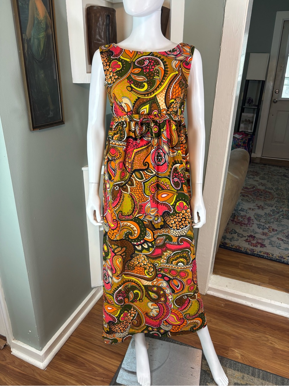 Vintage 60s 70s Royal Hawaiian Sleeveless Psychedelic Paisley Maxi Dress S Small